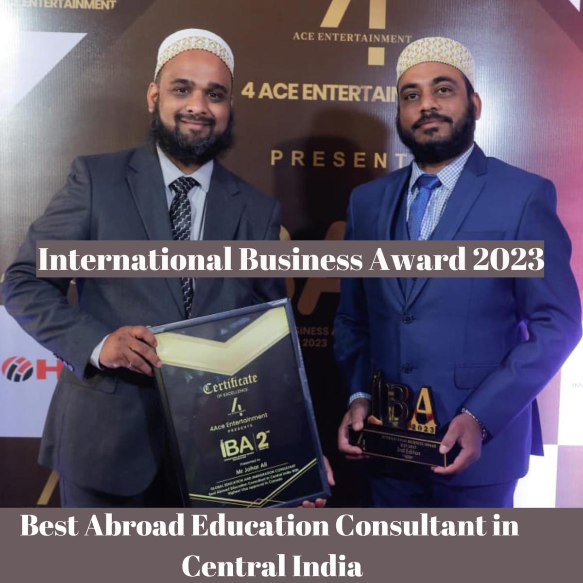 Trans Globe Indore representatives receiving the 2023 International Business Award for Best Abroad Education Consultant in Central India
